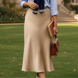 Blāshe Champagne Satin Midi Slip Skirt Minimalist High Waist Stretchy A-Line L